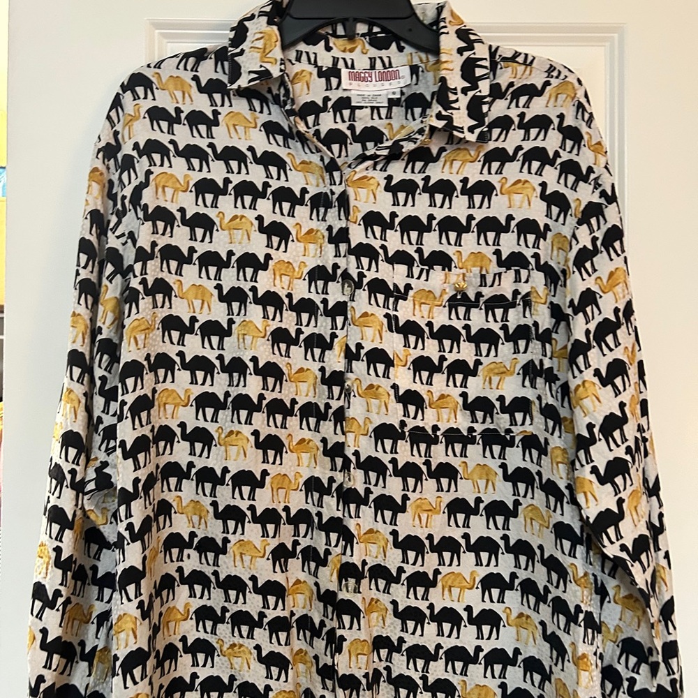 Maggy London Camel Print Blouse in Black and Gold